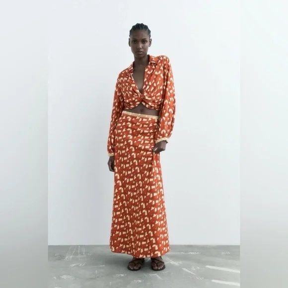 Zara Small Terracotta Print Linen Blend Twist Front Crop Top NWT Beaded Cuffs - Picture 4 of 16